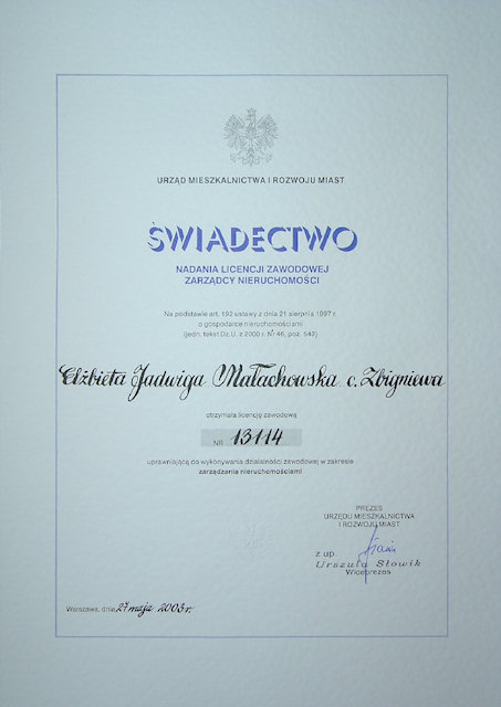 Licencja zarz�dcy nieruchomo�ci El�biety Ma�achowskiej